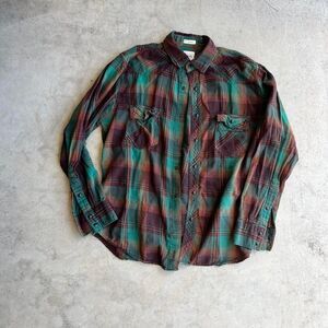 Fossil Mens Pearl Snap green and Brown Mens size M vintage fit